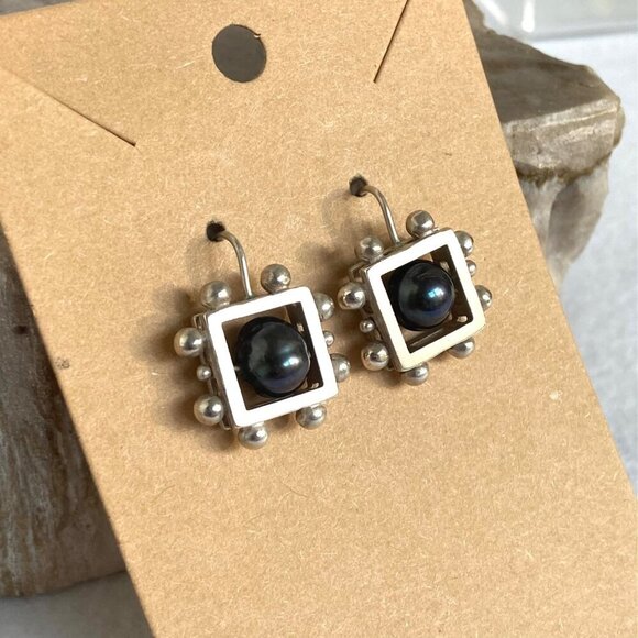 Sterling Silver 925 Modernist Style Square Freshwater Pearl Dangle Earrings - Picture 2 of 16